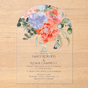 Blush Pink & Blue Waterverf Floral Wedding Acryl Uitnodigingen