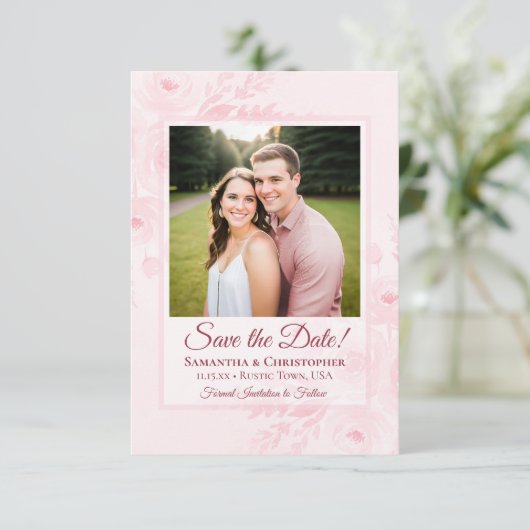 Blush Pink Boho Chic Peonies & Photo Wedding Save The Date (Staand voorkant)