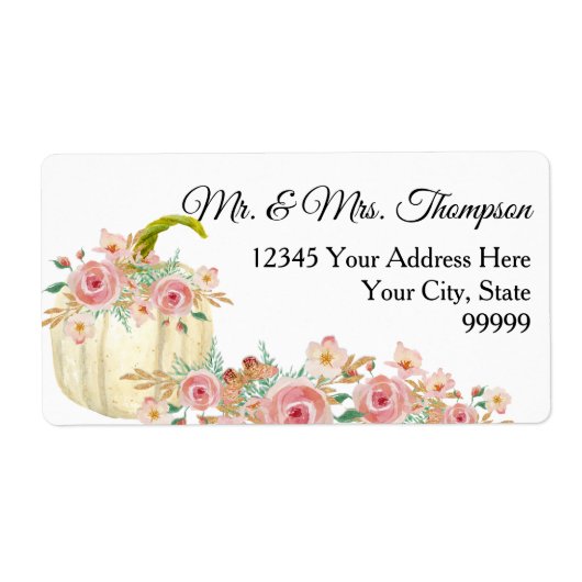 Blush Pink Boho Floral Gold Glitter White Pumpkin Etiket (Voorkant)