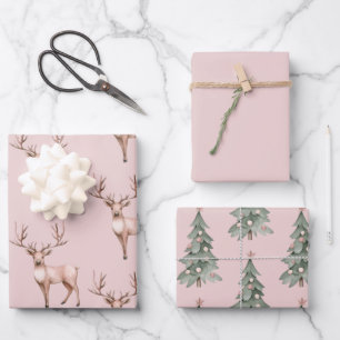 Blush Pink Boho Herten Kerstbomen Inpakpapier Vel