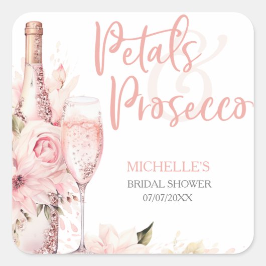 Blush Pink Boho Petals en Prosecco Floral Vierkante Sticker (Voorkant)