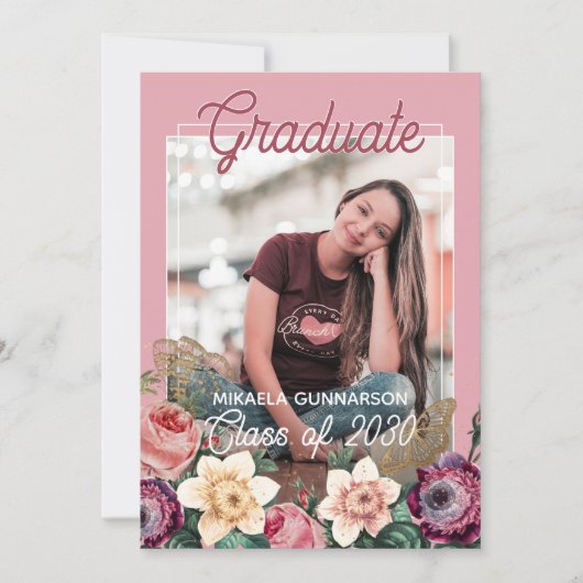 Blush Pink Botanische Floral Boho Afstuderen Aankondiging (Voorkant)