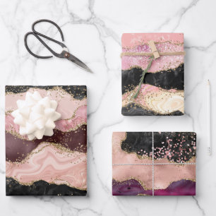 Blush Pink Bourgogne Goud Zwart Glitter Inpakpapier Vel