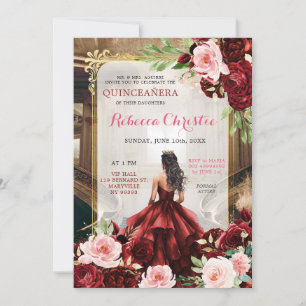 Blush Pink Bourgogne Red Floral Quinceañera Kaart