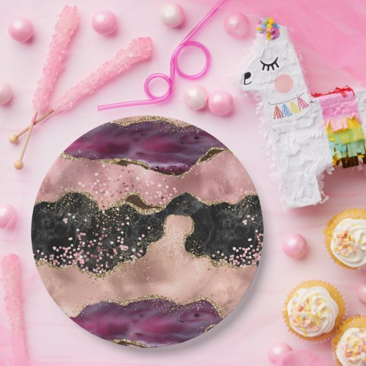 Blush Pink Bourgogne Wijn Goud Zwart Glitter Papieren Bordje (Feest)