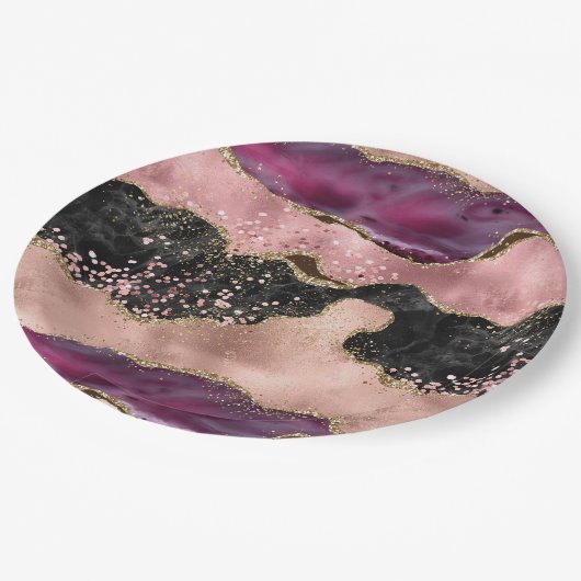 Blush Pink Bourgogne Wijn Goud Zwart Glitter Papieren Bordje (Gekanteld)