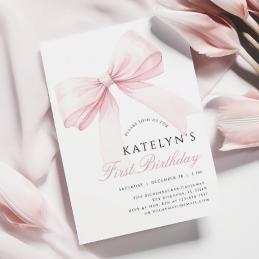 Blush Pink Bow 1e verjaardag uitnodiging