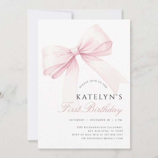 Blush Pink Bow 1er Invitation anniversaire (Devant)