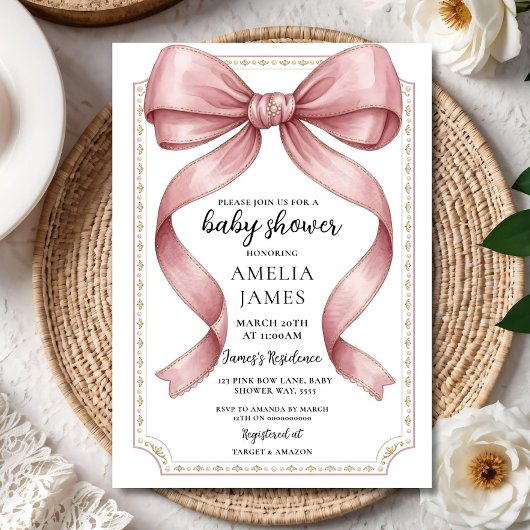 Blush Pink Bow Baby Shower Invitation Editable Ele