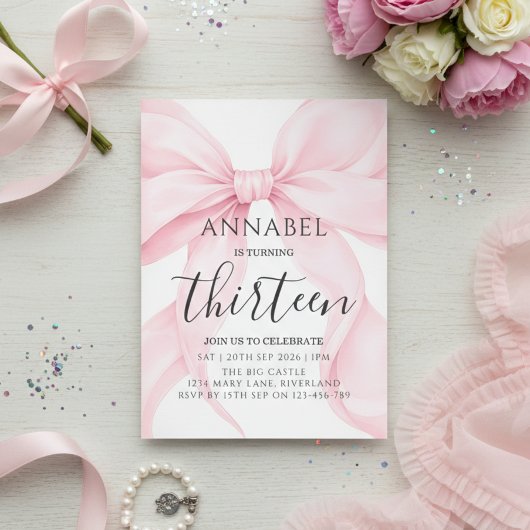 Blush Pink Bow Birthday Invitation