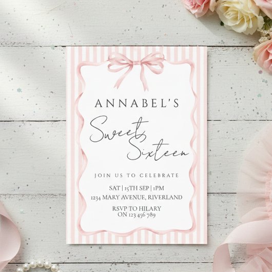 Blush Pink Bow Birthday Invitation