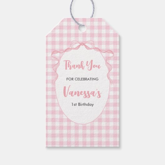 Blush Pink Bow Coquette 1e verjaardag Dank u Cadeaulabel (Voorkant)