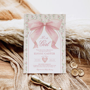 Blush Pink Bow Coquette Girl Baby shower Kaart