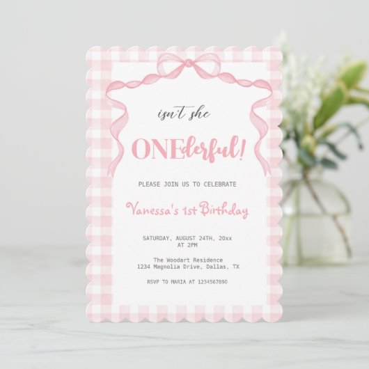Blush Pink Bow Coquette Onederful 1e Verjaardag Kaart (Staand voorkant)
