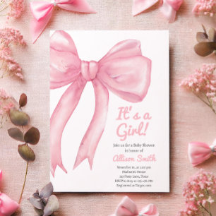 Blush Pink Bow Coquette Preppy Girl Baby shower Kaart