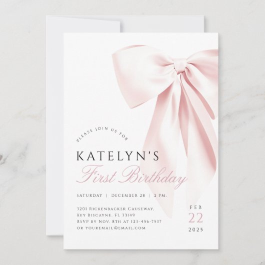 Blush Pink Bow eerste verjaardag uitnodiging (Voorkant)