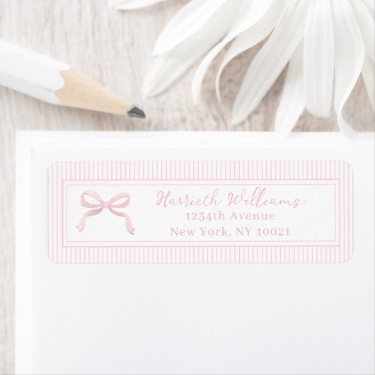 Blush Pink Bow en Stripes Border Retouradres Etiket (Insitu)