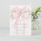 Blush Pink Bow Floral First Holy Communion Kaart (Staand voorkant)