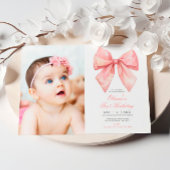 Blush Pink Bow Foto Eerste Verjaardag Uitnodiging