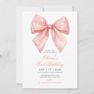 Blush Pink Bow Girl Eerste Verjaardag Uitnodiging