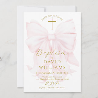Blush Pink Bow Girls Baptism Elegant Digital Kaart