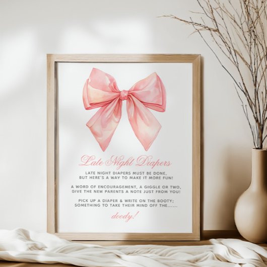 Blush Pink Bow Late Night Luiers Baby shower Poster