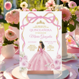 Blush Pink Bow Princess Gold Crown Quinceañera Kaart