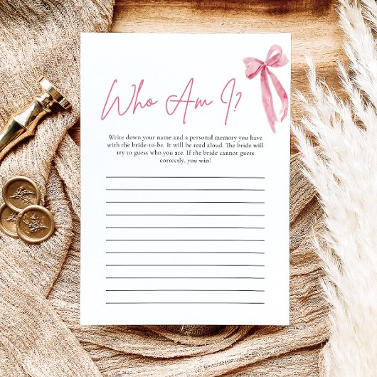 Blush Pink Bow Qui Suis-Je Carte De Jeu Fête des m
