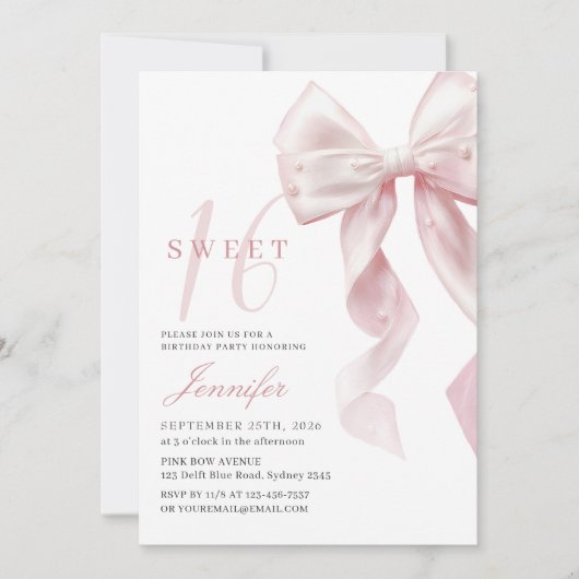 Blush Pink Bow Sweet 16 Birthday Invitation Kaart (Voorkant)