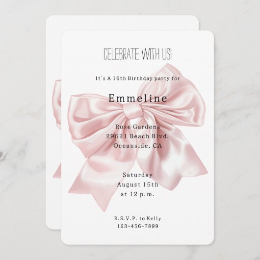 Blush Pink Bow Verjaardag Kaart (Voorkant / Achterkant)