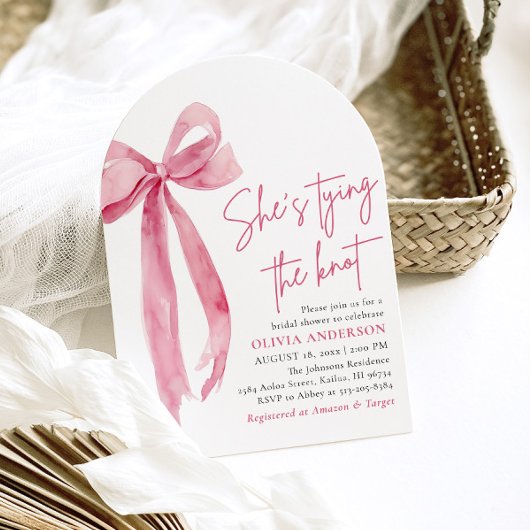 Blush Pink Bow Ze is Tying the Knot Vrijgezellenfe Kaart
