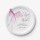 Blush Pink Bow Ze is Tying the Knot Vrijgezellenfe Papieren Bordje (Voorkant)