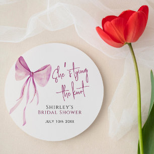 Blush Pink Bow Ze is Tying the Knot Vrijgezellenfe Ronde Sticker