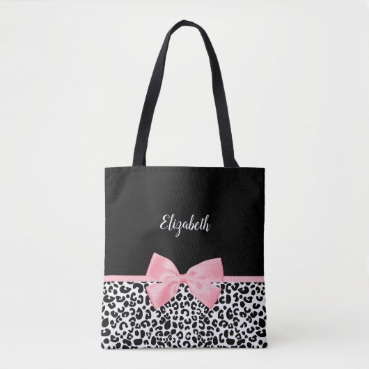 Blush Pink Bow Zwart Wit Leopard Print Patroon Draagtas (Voorkant)