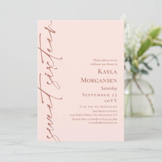 Blush Pink & Brass Calligrafie Sweet 16 Kaart (Staand voorkant)