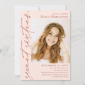 Blush Pink & Brass Kalligrafie Foto Sweet 16 Kaart (Voorkant)