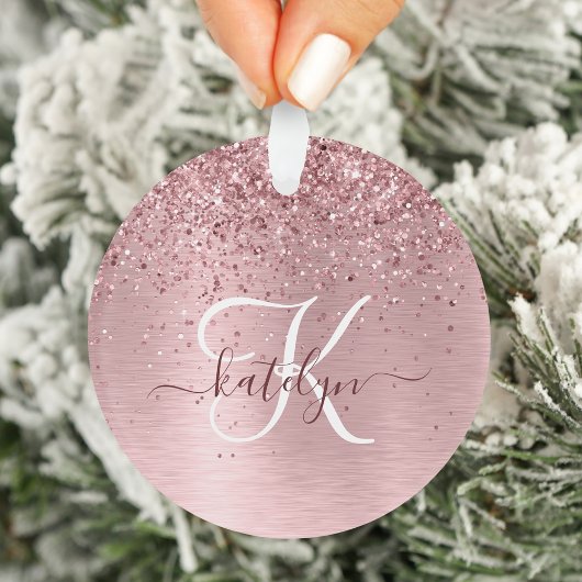 Blush Pink Brushed Metal Glitter Monogram Name Ornament