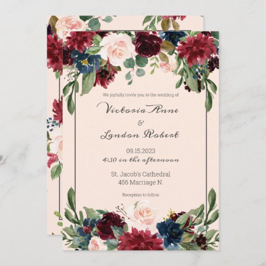 Blush Pink Burgundy Floral Elegant Script Weduwsch Kaart (Voorkant / Achterkant)