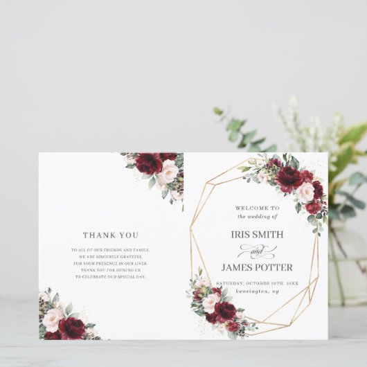 Blush Pink Burgundy Floral Folded Wedding Programm (Staand voorkant)