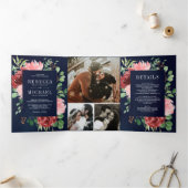 Blush Pink Burgundy Floral Navy Blue Wedding Drieluik Uitnodiging (Binnen)