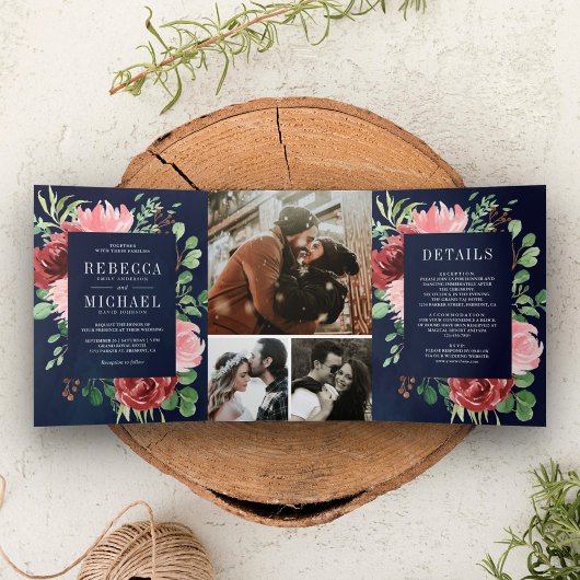Blush Pink Burgundy Floral Navy Blue Wedding Drieluik Uitnodiging
