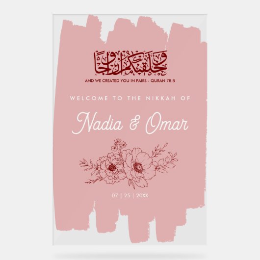 Blush Pink Burgundy Floral Nikkah Acrylic Sign (Recto)