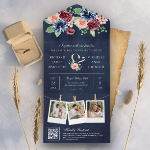 Blush Pink Burgundy Floral QR Code Navy Weddenscha All In One Uitnodiging