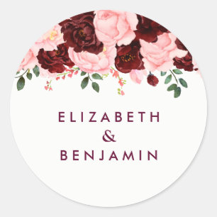 Blush Pink & Burgundy Floral Waterverf Weddenschap Ronde Sticker