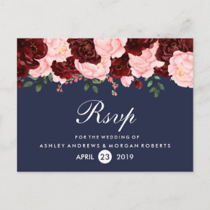 Blush Pink Burgundy Flowers Navy Blue Wedding RSVP Uitnodiging Briefkaart