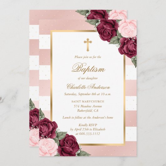 Blush Pink Burgundy Gold Floral Baptisme Kaart (Voorkant / Achterkant)