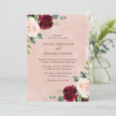 Blush Pink Burgundy Red Waterverf Floral Weddensch Kaart (Staand voorkant)