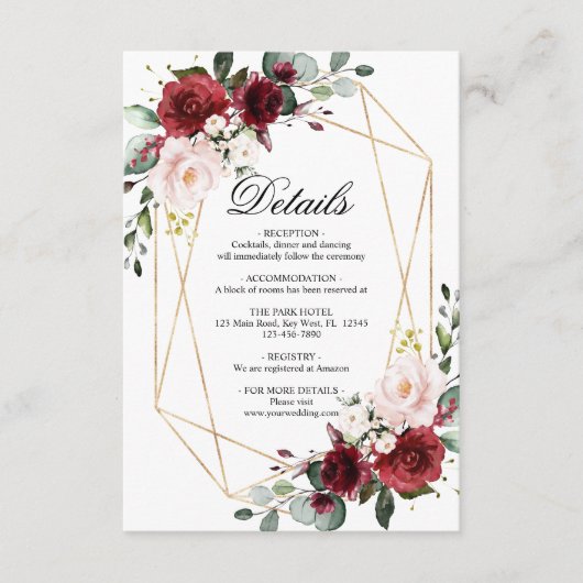 Blush Pink & Burgundy Weddenschap - Besluiting Informatiekaartje (Voorkant)