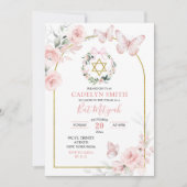 Blush Pink Butterfly Bat Mitzvah Floral Kaart (Voorkant)