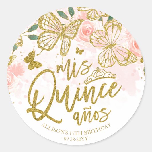 Blush Pink Butterfly Floral Quinceanera Party Ronde Sticker (Voorkant)